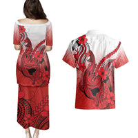 Hawaii Couples Matching Puletasi Dress and Hawaiian Shirt Polynesian Shark Tattoo With Plumeria Red Gradient LT14 - Polynesian Pride