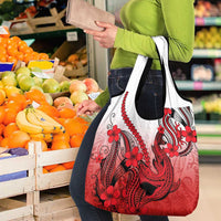 Red Gradient Hawaii Grocery Bag Polynesian Shark Tattoo With Plumeria