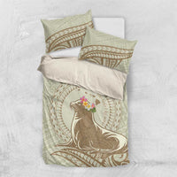 Personalised Hawaii Monk Seal Bedding Set Polynesian Tattoo With Tropical Flowers - Beige Pastel