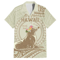 Personalised Hawaii Monk Seal Family Matching Puletasi and Hawaiian Shirt Polynesian Tattoo With Tropical Flowers - Beige Pastel