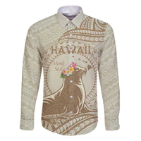 Personalised Hawaii Monk Seal Family Matching Puletasi and Hawaiian Shirt Polynesian Tattoo With Tropical Flowers - Beige Pastel