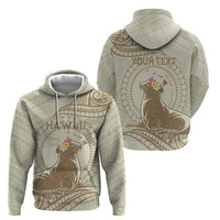 Personalised Hawaii Monk Seal Hoodie Polynesian Tattoo With Tropical Flowers - Beige Pastel