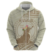 Personalised Hawaii Monk Seal Zip Hoodie Polynesian Tattoo With Tropical Flowers - Beige Pastel