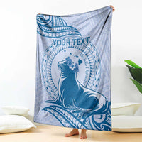 Personalised Hawaii Monk Seal Blanket Polynesian Tattoo With Tropical Flowers - Blue Pastel
