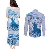 Personalised Hawaii Monk Seal Couples Matching Puletasi and Long Sleeve Button Shirt Polynesian Tattoo With Tropical Flowers - Blue Pastel