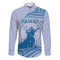 Personalised Hawaii Monk Seal Family Matching Off The Shoulder Long Sleeve Dress and Hawaiian Shirt Polynesian Tattoo With Tropical Flowers - Blue Pastel