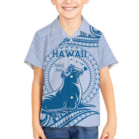 Personalised Hawaii Monk Seal Kid Hawaiian Shirt Polynesian Tattoo With Tropical Flowers - Blue Pastel LT14 Kid Blue - Polynesian Pride
