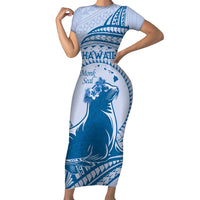 Personalised Hawaii Monk Seal Short Sleeve Bodycon Dress Polynesian Tattoo With Tropical Flowers - Blue Pastel
