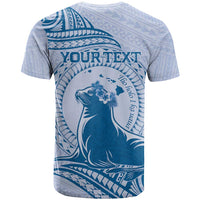 Personalised Hawaii Monk Seal T Shirt Polynesian Tattoo With Tropical Flowers - Blue Pastel