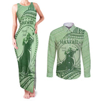 Personalised Hawaii Monk Seal Couples Matching Tank Maxi Dress and Long Sleeve Button Shirt Polynesian Tattoo With Tropical Flowers - Green Pastel