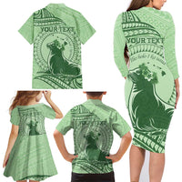 Personalised Hawaii Monk Seal Family Matching Long Sleeve Bodycon Dress and Hawaiian Shirt Polynesian Tattoo With Tropical Flowers - Green Pastel