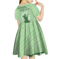 Personalised Hawaii Monk Seal Kid Short Sleeve Dress Polynesian Tattoo With Tropical Flowers - Green Pastel