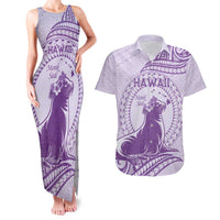 Personalised Hawaii Monk Seal Couples Matching Tank Maxi Dress and Hawaiian Shirt Polynesian Tattoo With Tropical Flowers - Purple Pastel