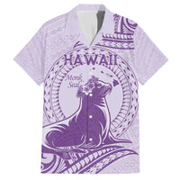 Personalised Hawaii Monk Seal Family Matching Off Shoulder Maxi Dress and Hawaiian Shirt Polynesian Tattoo With Tropical Flowers - Purple Pastel