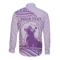 Personalised Hawaii Monk Seal Long Sleeve Button Shirt Polynesian Tattoo With Tropical Flowers - Purple Pastel LT14 - Polynesian Pride