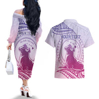 Personalised Hawaii Monk Seal Couples Matching Off The Shoulder Long Sleeve Dress and Hawaiian Shirt Polynesian Tattoo With Tropical Flowers - Purple Gradient