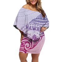 Personalised Hawaii Monk Seal Off Shoulder Short Dress Polynesian Tattoo With Tropical Flowers - Purple Gradient LT14 Women Purple - Polynesian Pride