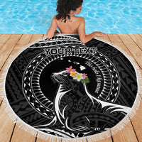 Personalised Hawaii Monk Seal Beach Blanket Polynesian Tattoo With Tropical Flowers - Black