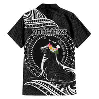 Personalised Hawaii Monk Seal Family Matching Off Shoulder Short Dress and Hawaiian Shirt Polynesian Tattoo With Tropical Flowers - Black