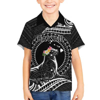 Personalised Hawaii Monk Seal Family Matching Tank Maxi Dress and Hawaiian Shirt Polynesian Tattoo With Tropical Flowers - Black