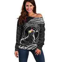 Personalised Hawaii Monk Seal Off Shoulder Sweater Polynesian Tattoo With Tropical Flowers - Black LT14 Women Black - Polynesian Pride