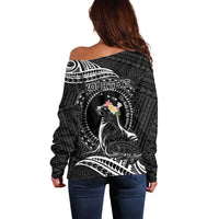 Personalised Hawaii Monk Seal Off Shoulder Sweater Polynesian Tattoo With Tropical Flowers - Black LT14 - Polynesian Pride