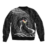 Personalised Hawaii Monk Seal Sleeve Zip Bomber Jacket Polynesian Tattoo With Tropical Flowers - Black