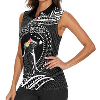 Personalised Hawaii Monk Seal Women Sleeveless Polo Shirt Polynesian Tattoo With Tropical Flowers - Black LT14 - Polynesian Pride
