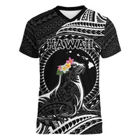 Personalised Hawaii Monk Seal Women V-Neck T-Shirt Polynesian Tattoo With Tropical Flowers - Black LT14 Female Black - Polynesian Pride