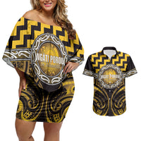 Aotearoa Ngati Porou Personalised Couples Matching Off Shoulder Short Dress and Hawaiian Shirt Maori Iwi Poutama Puhoro Tattoo