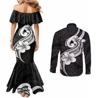 Polynesia Couples Matching Mermaid Dress and Long Sleeve Button Shirts Plumeria With Tribal Pattern Black Vibes LT14 - Polynesian Pride