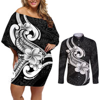 Polynesia Couples Matching Off Shoulder Short Dress and Long Sleeve Button Shirts Plumeria With Tribal Pattern Black Vibes LT14 Black - Polynesian Pride