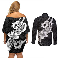 Polynesia Couples Matching Off Shoulder Short Dress and Long Sleeve Button Shirts Plumeria With Tribal Pattern Black Vibes LT14 - Polynesian Pride
