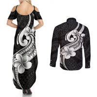 Polynesia Couples Matching Summer Maxi Dress and Long Sleeve Button Shirts Plumeria With Tribal Pattern Black Vibes LT14 - Polynesian Pride