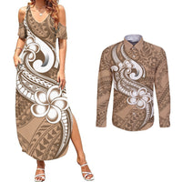 Polynesia Couples Matching Summer Maxi Dress and Long Sleeve Button Shirts Plumeria With Tribal Pattern Brown Pastel Vibes LT14 Brown - Polynesian Pride