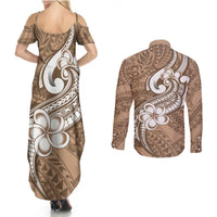 Polynesia Couples Matching Summer Maxi Dress and Long Sleeve Button Shirts Plumeria With Tribal Pattern Brown Pastel Vibes LT14 - Polynesian Pride