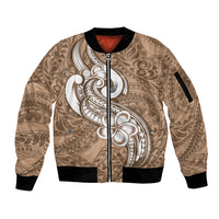 Polynesia Sleeve Zip Bomber Jacket Plumeria With Tribal Pattern Brown Pastel Vibes LT14 Unisex Brown - Polynesian Pride