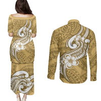 Polynesia Couples Matching Puletasi Dress and Long Sleeve Button Shirts Plumeria With Tribal Pattern Yellow Pastel Vibes LT14 - Polynesian Pride