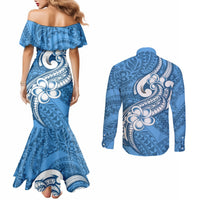 Polynesia Couples Matching Mermaid Dress and Long Sleeve Button Shirts Plumeria With Tribal Pattern Blue Pastel Vibes LT14 - Polynesian Pride
