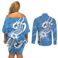 Polynesia Couples Matching Off Shoulder Short Dress and Long Sleeve Button Shirts Plumeria With Tribal Pattern Blue Pastel Vibes LT14 - Polynesian Pride