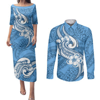 Polynesia Couples Matching Puletasi Dress and Long Sleeve Button Shirts Plumeria With Tribal Pattern Blue Pastel Vibes LT14 Blue - Polynesian Pride