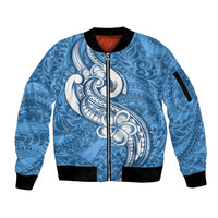 Polynesia Sleeve Zip Bomber Jacket Plumeria With Tribal Pattern Blue Pastel Vibes LT14 Unisex Blue - Polynesian Pride