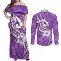 Polynesia Couples Matching Off Shoulder Maxi Dress and Long Sleeve Button Shirts Plumeria With Tribal Pattern Purple Pastel Vibes LT14 Purple - Polynesian Pride