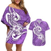 Polynesia Couples Matching Off Shoulder Short Dress and Hawaiian Shirt Plumeria With Tribal Pattern Purple Pastel Vibes LT14 Purple - Polynesian Pride