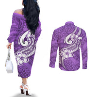 Polynesia Couples Matching Off The Shoulder Long Sleeve Dress and Long Sleeve Button Shirts Plumeria With Tribal Pattern Purple Pastel Vibes LT14 - Polynesian Pride