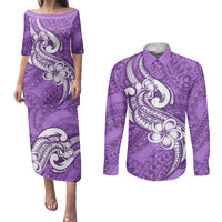 Polynesia Couples Matching Puletasi Dress and Long Sleeve Button Shirts Plumeria With Tribal Pattern Purple Pastel Vibes LT14 Purple - Polynesian Pride