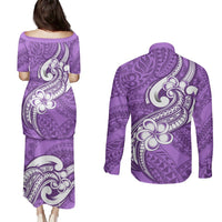 Polynesia Couples Matching Puletasi Dress and Long Sleeve Button Shirts Plumeria With Tribal Pattern Purple Pastel Vibes LT14 - Polynesian Pride