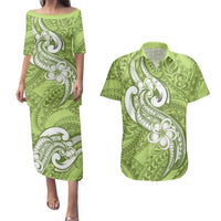 Polynesia Couples Matching Puletasi Dress and Hawaiian Shirt Plumeria With Tribal Pattern Green Pastel Vibes LT14 Green - Polynesian Pride