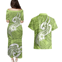 Polynesia Couples Matching Puletasi Dress and Hawaiian Shirt Plumeria With Tribal Pattern Green Pastel Vibes LT14 - Polynesian Pride