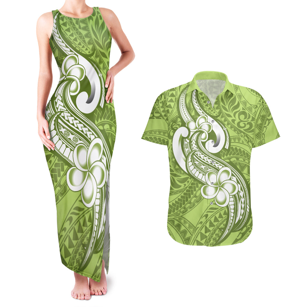 Polynesia Couples Matching Tank Maxi Dress and Hawaiian Shirt - Plumeria With Tribal Pattern Green Pastel Vibes LT14 Green - Polynesian Pride
